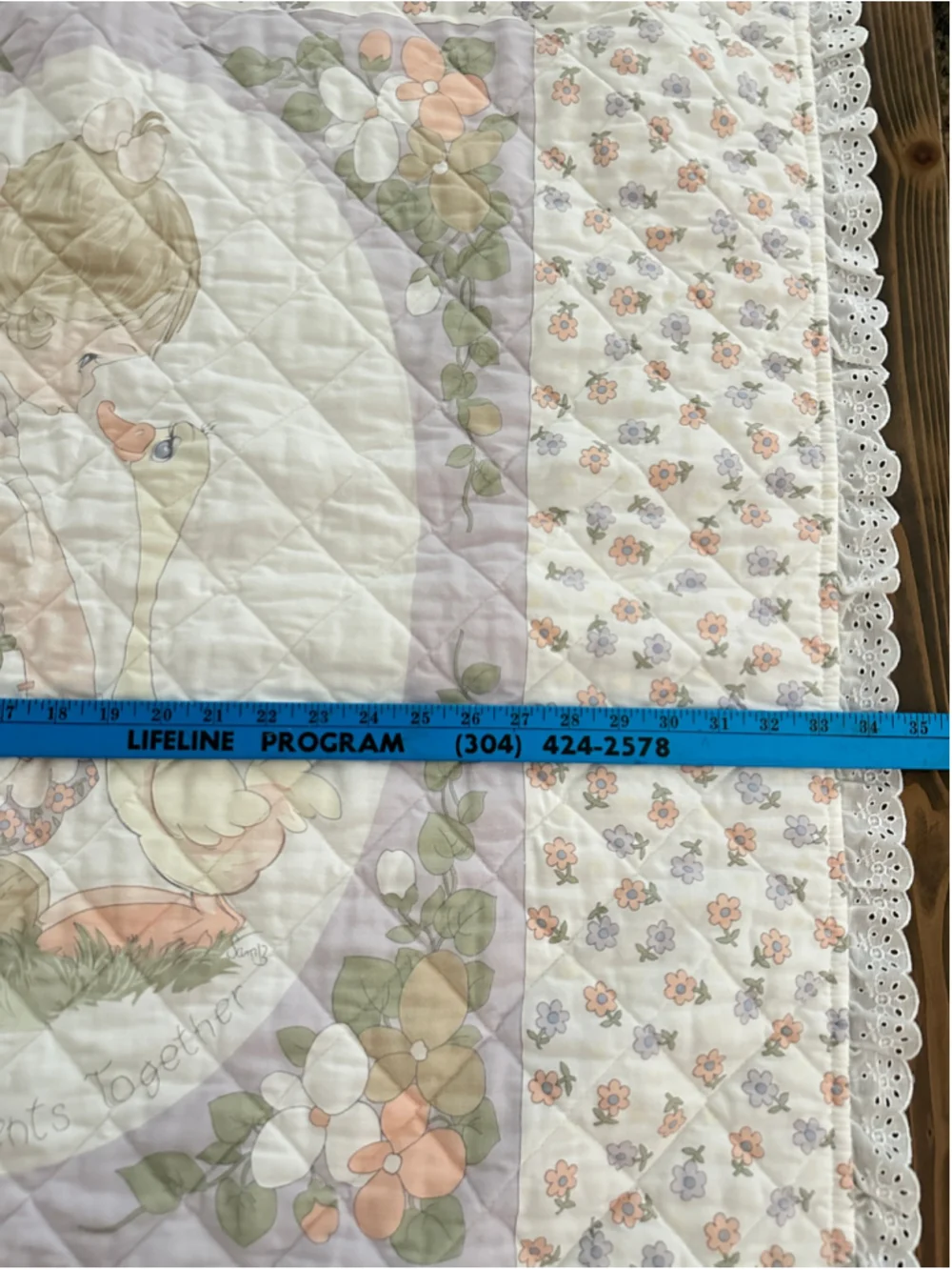 Precious Moments Baby Quilt 34x45 White Lavender Floral Goose Nursery Vintage